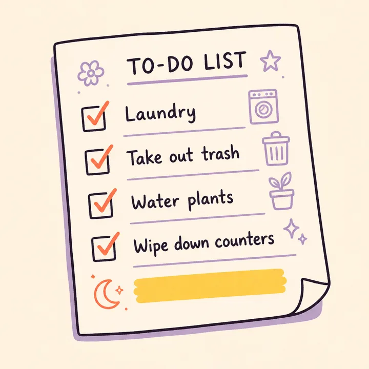 A to-do list with every chore checked off and one blank line
