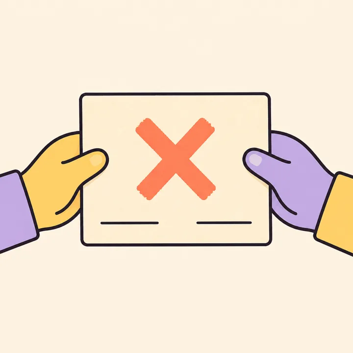 Two hands holding a contract card with a coral X stamp