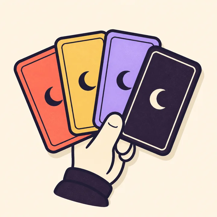 A fanned hand of four playing cards with moon emblems